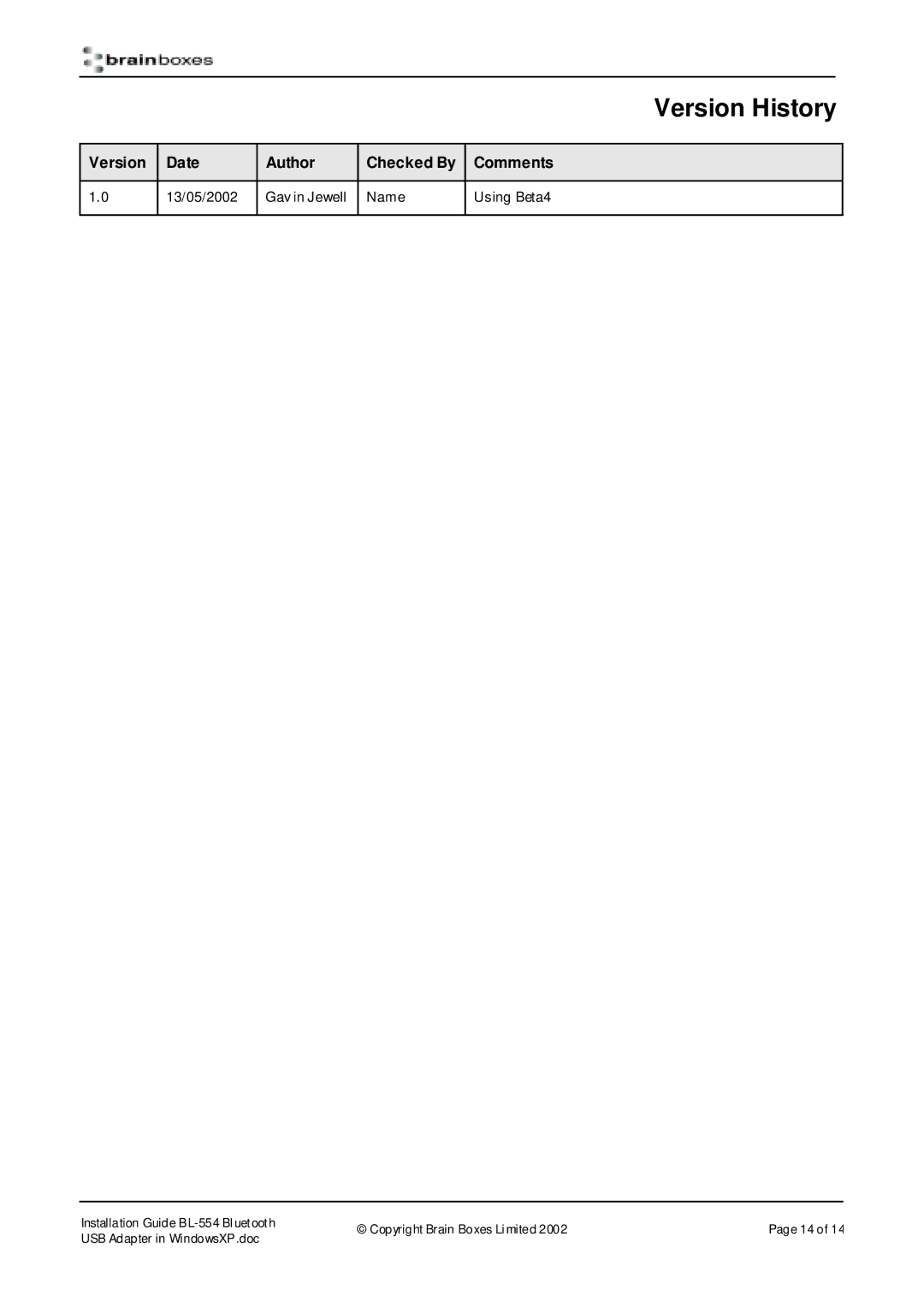 Brainboxes BL-554 manual Version History 