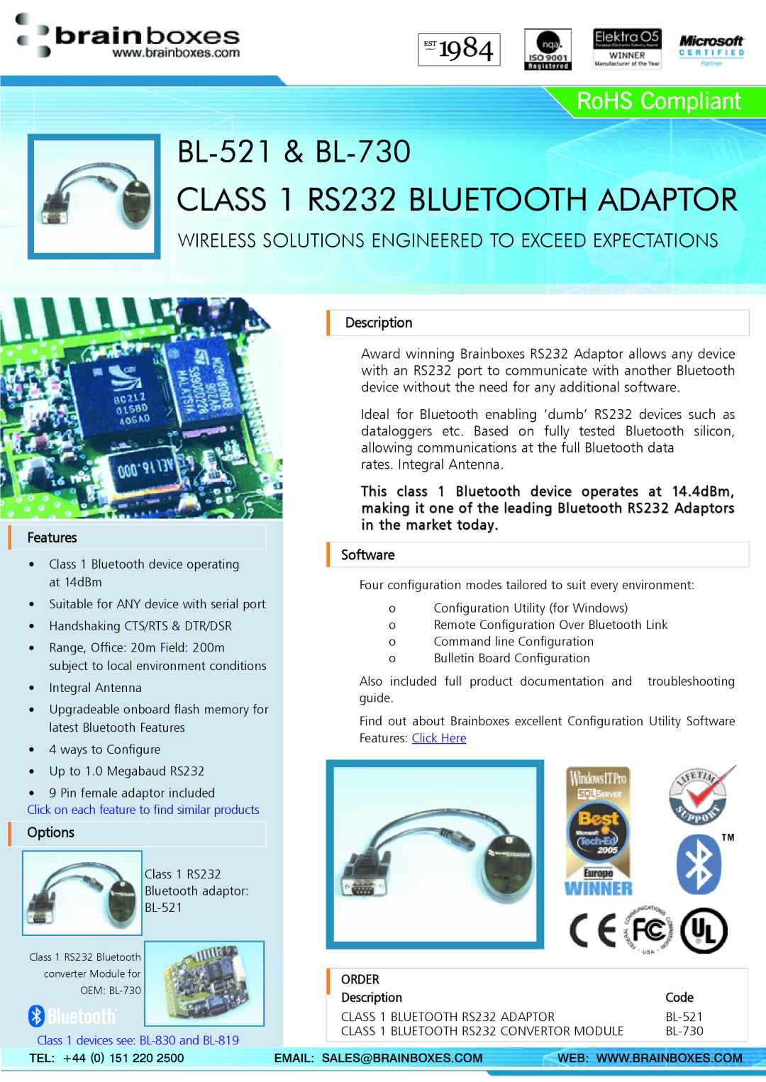 Brainboxes BL-521, BL-730 manual Features, Options, Description Code 