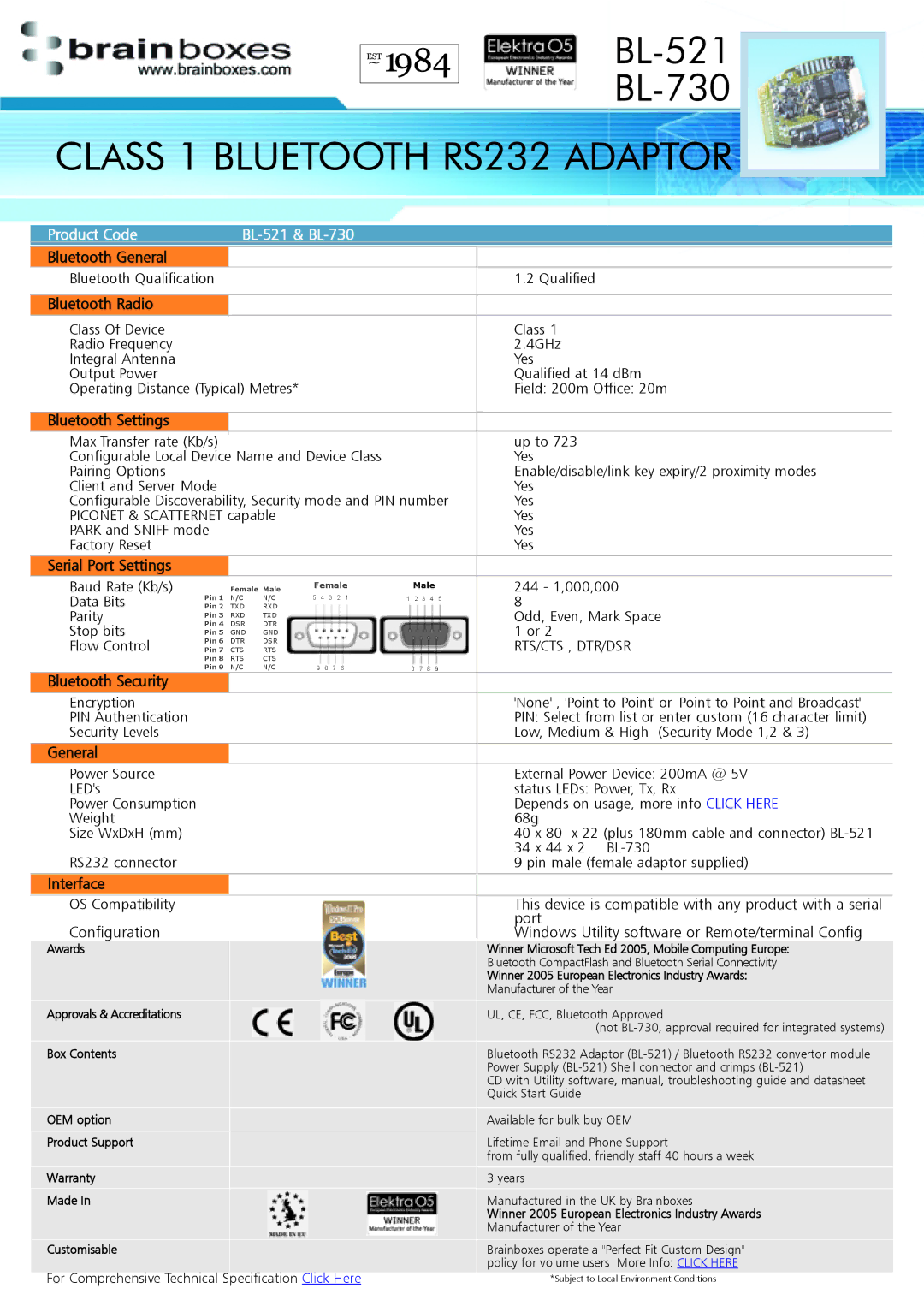 Brainboxes BL-730, BL-521 Bluetooth General, Bluetooth Radio, Bluetooth Settings, Serial Port Settings, Bluetooth Security 