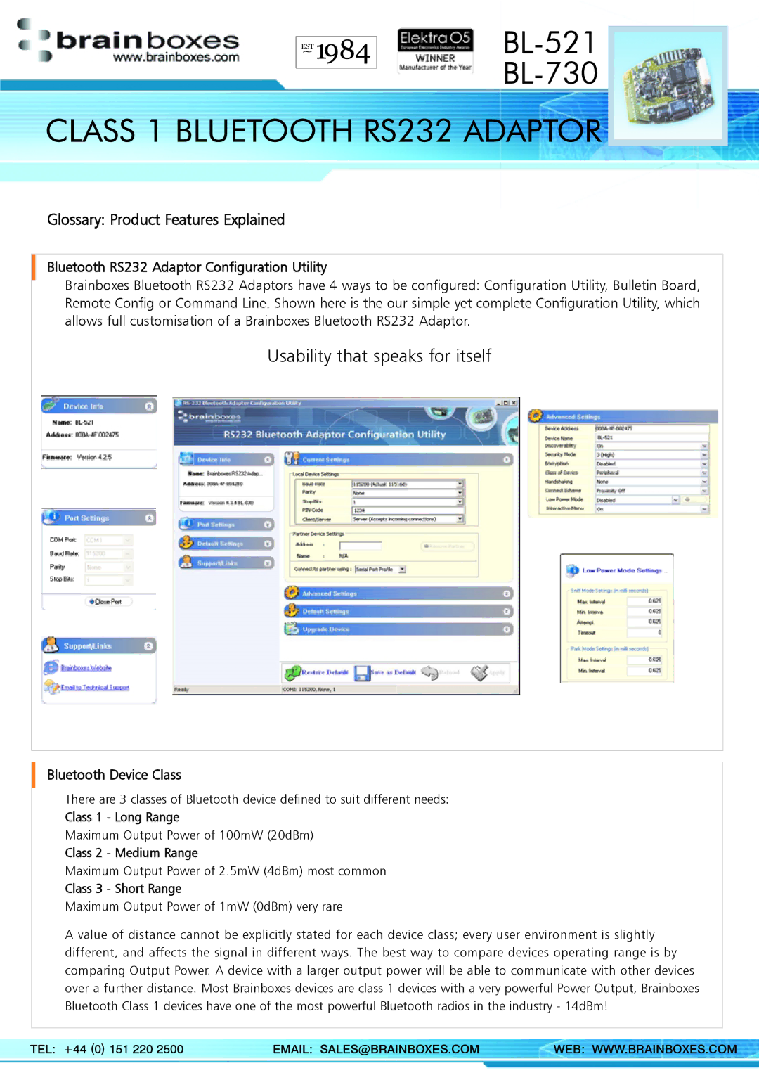 Brainboxes BL-521, BL-730 manual Bluetooth Device Class, Class 1 Long Range, Class 2 Medium Range, Class 3 Short Range 