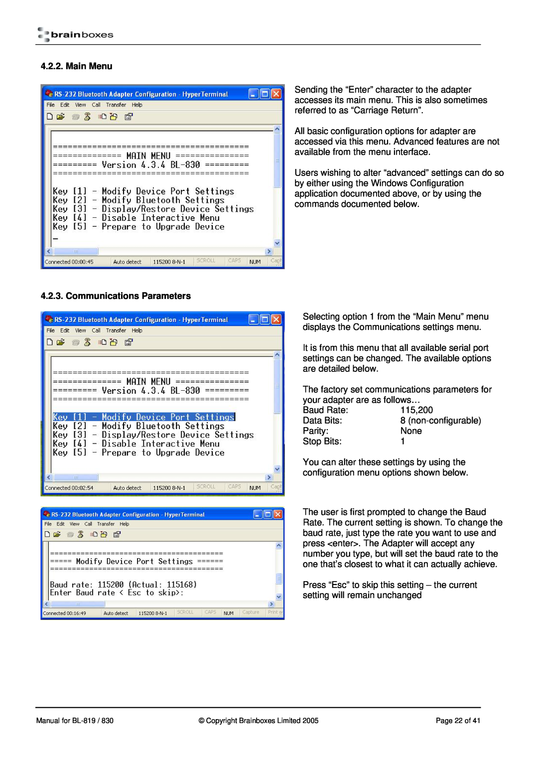Brainboxes BL-830, BL-819 manual Main Menu, Communications Parameters, Page 22 of 