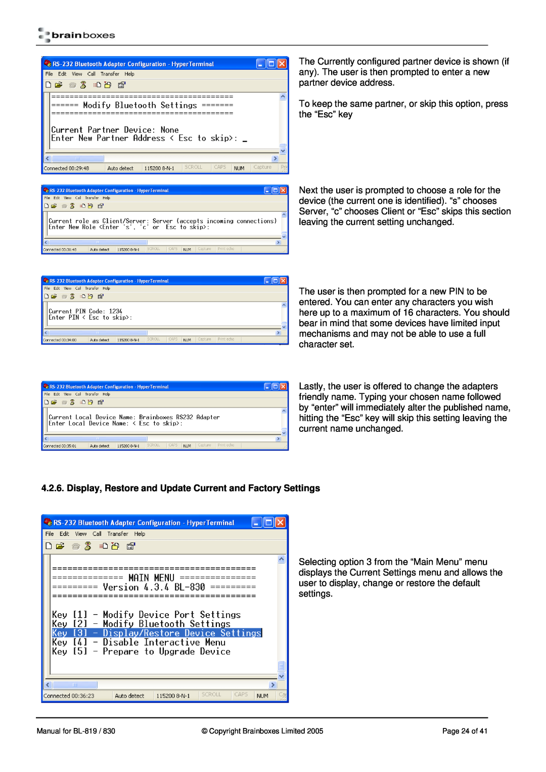 Brainboxes BL-830, BL-819 manual Display, Restore and Update Current and Factory Settings 