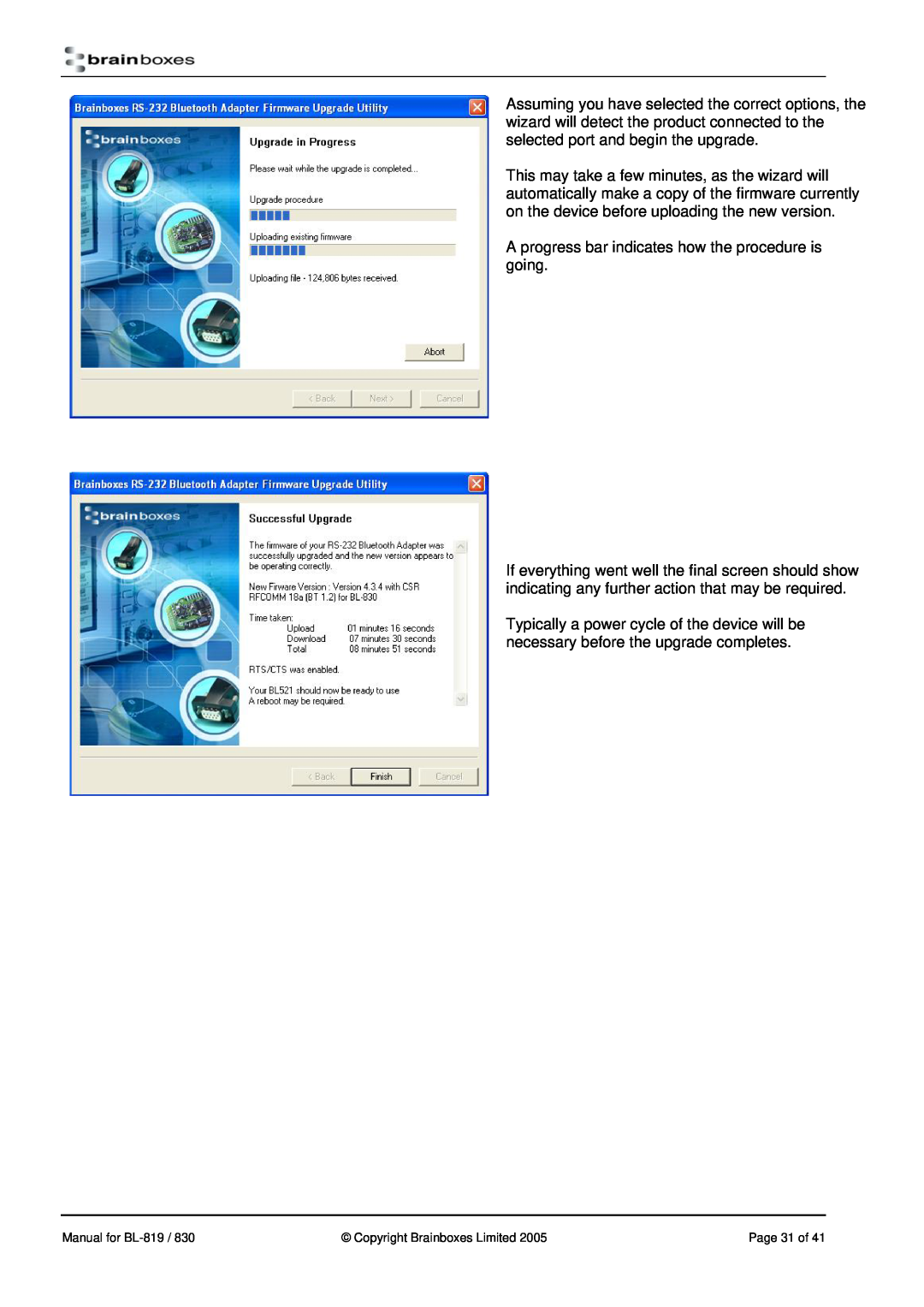 Brainboxes BL-819, BL-830 manual A progress bar indicates how the procedure is going 