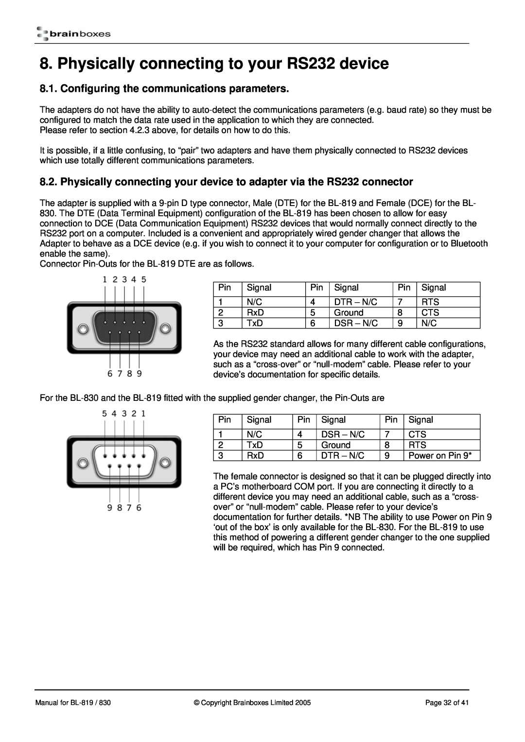 Brainboxes BL-830, BL-819 manual Physically connecting to your RS232 device, Configuring the communications parameters 