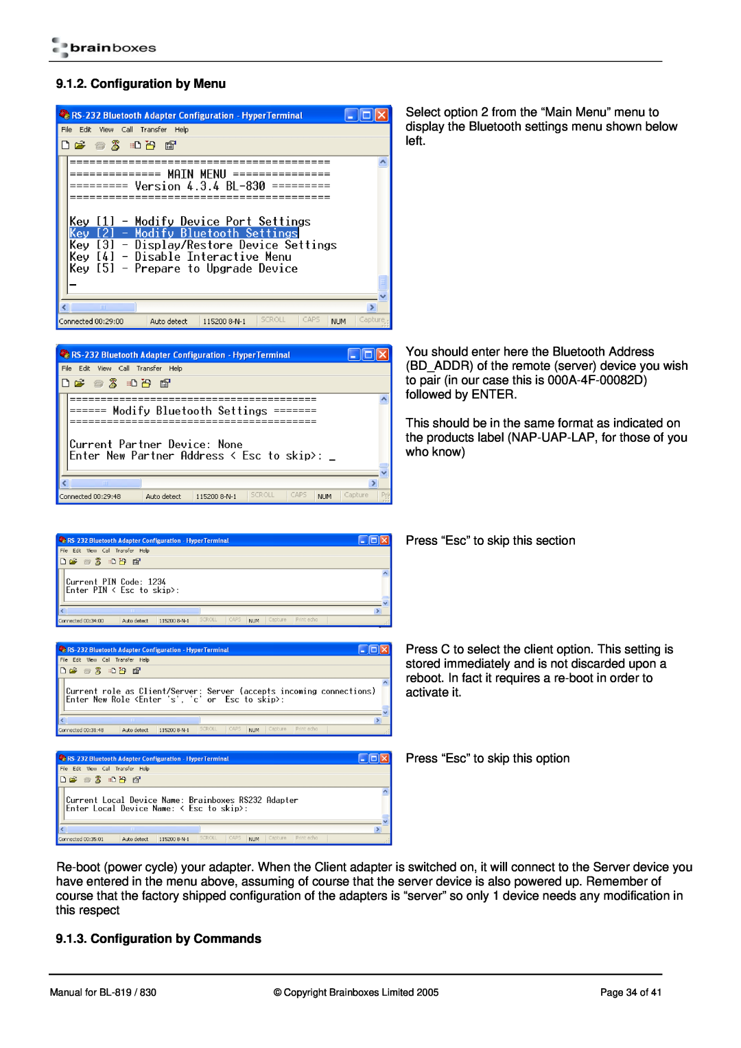 Brainboxes BL-830, BL-819 manual Configuration by Menu, Configuration by Commands 