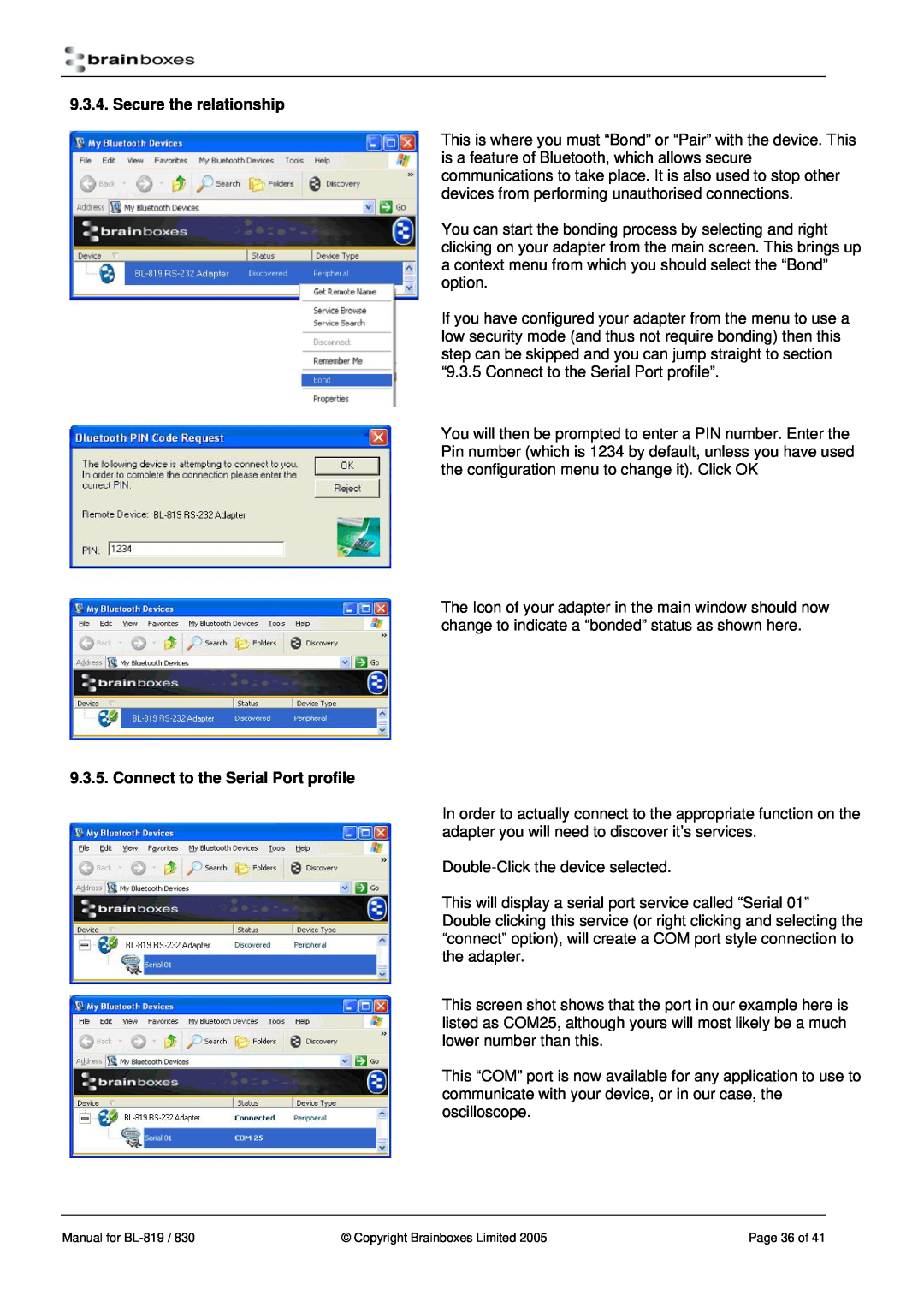 Brainboxes BL-830, BL-819 manual Secure the relationship, Connect to the Serial Port profile 