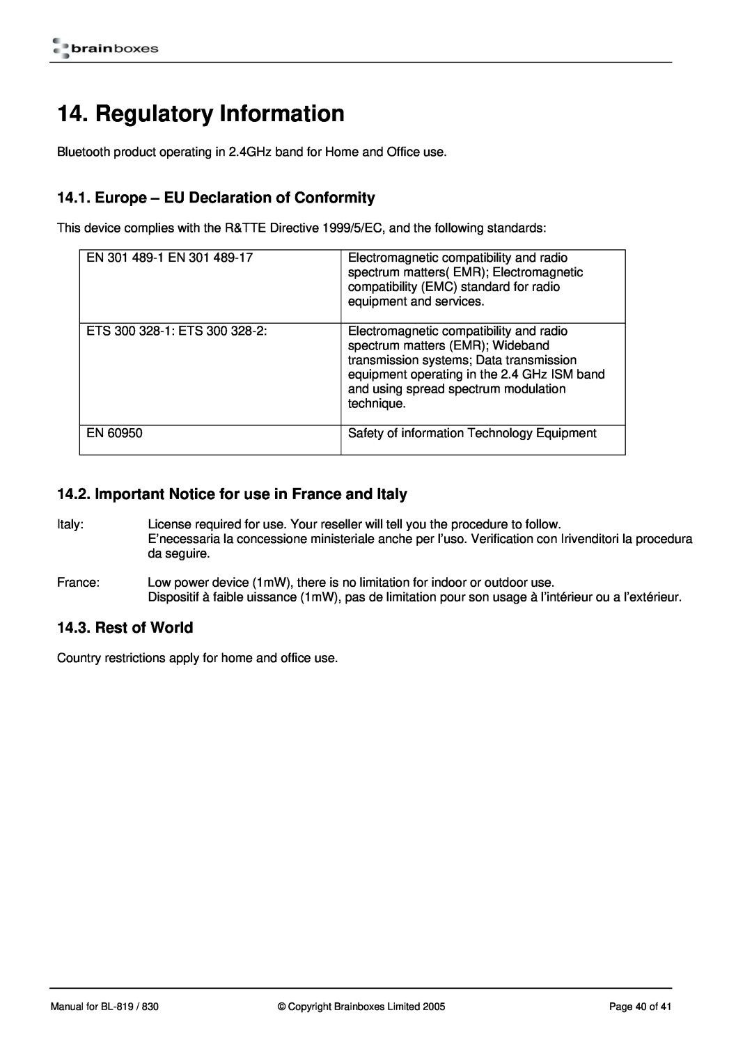 Brainboxes BL-830, BL-819 manual Regulatory Information, Europe - EU Declaration of Conformity, Rest of World 