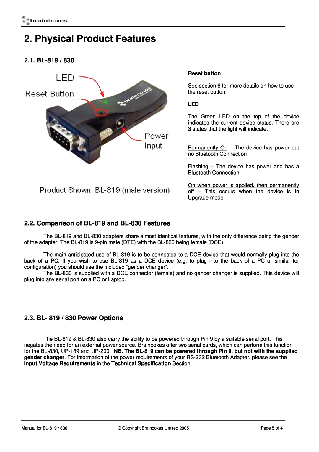 Brainboxes manual Physical Product Features, Comparison of BL-819 and BL-830 Features, BL- 819 / 830 Power Options 