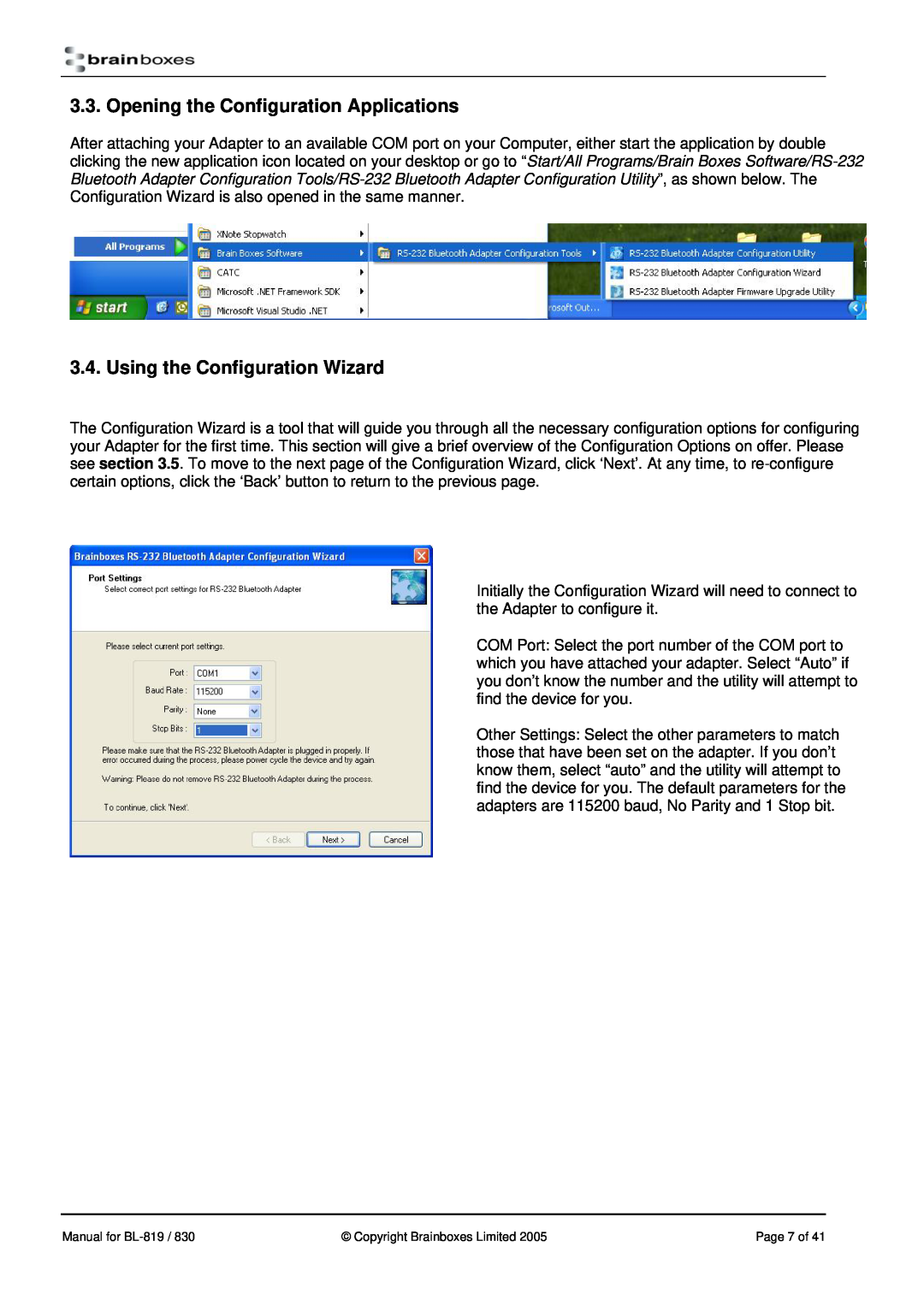 Brainboxes BL-819, BL-830 manual Opening the Configuration Applications, Using the Configuration Wizard, Page 7 of 
