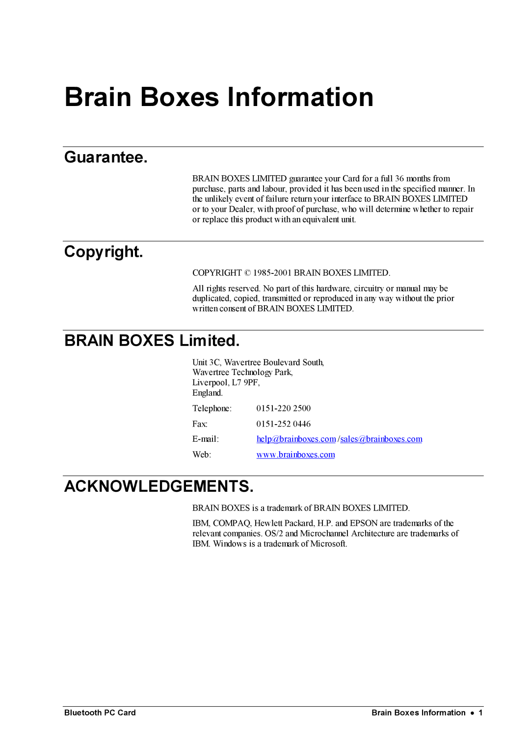 Brainboxes BL500 manual Brain Boxes Information, Guarantee, Copyright, Brain Boxes Limited 