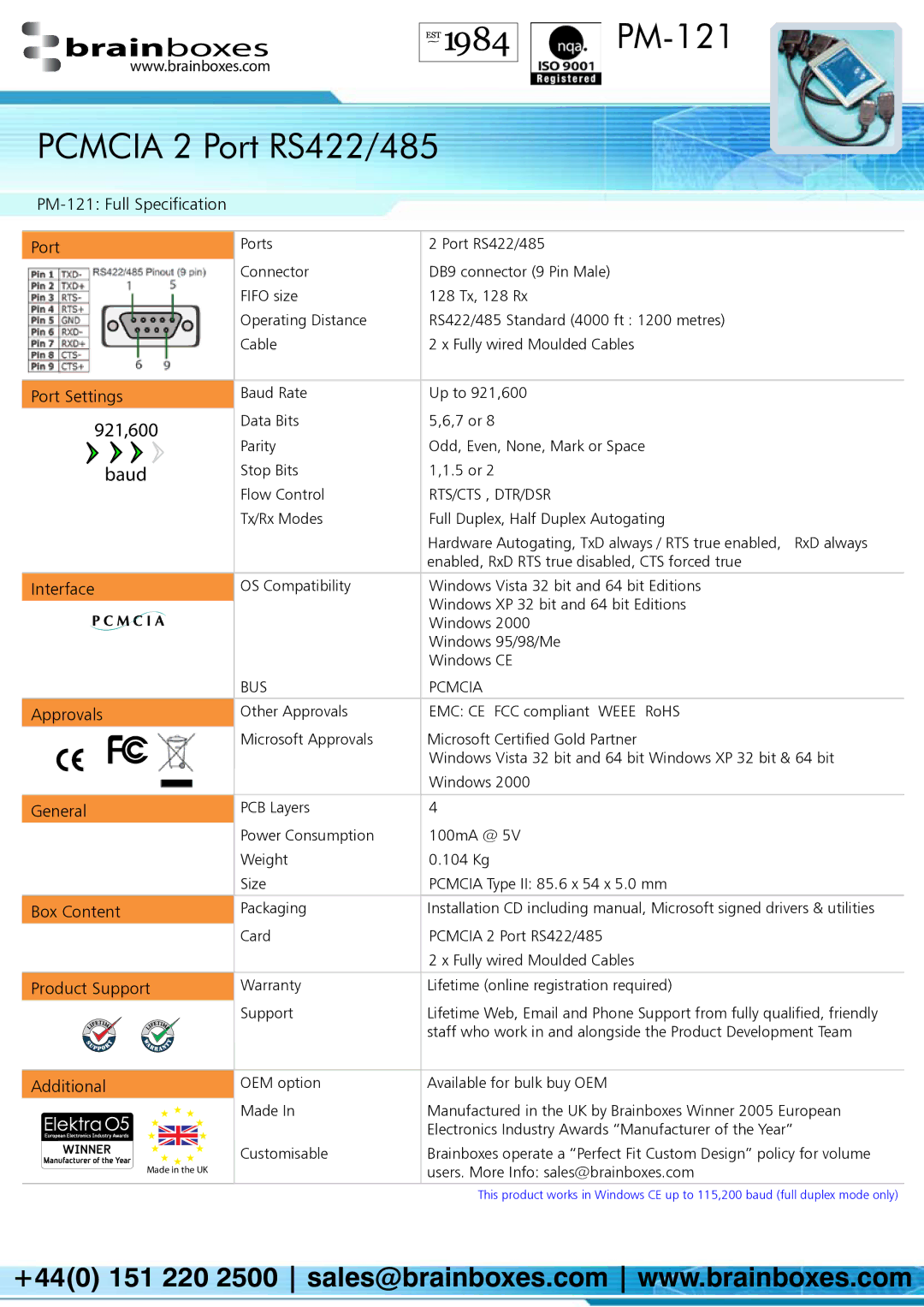 Brainboxes warranty PM-121 Full Specification Port, Port Settings, 921,600, Interface, Approvals, General, Box Content 