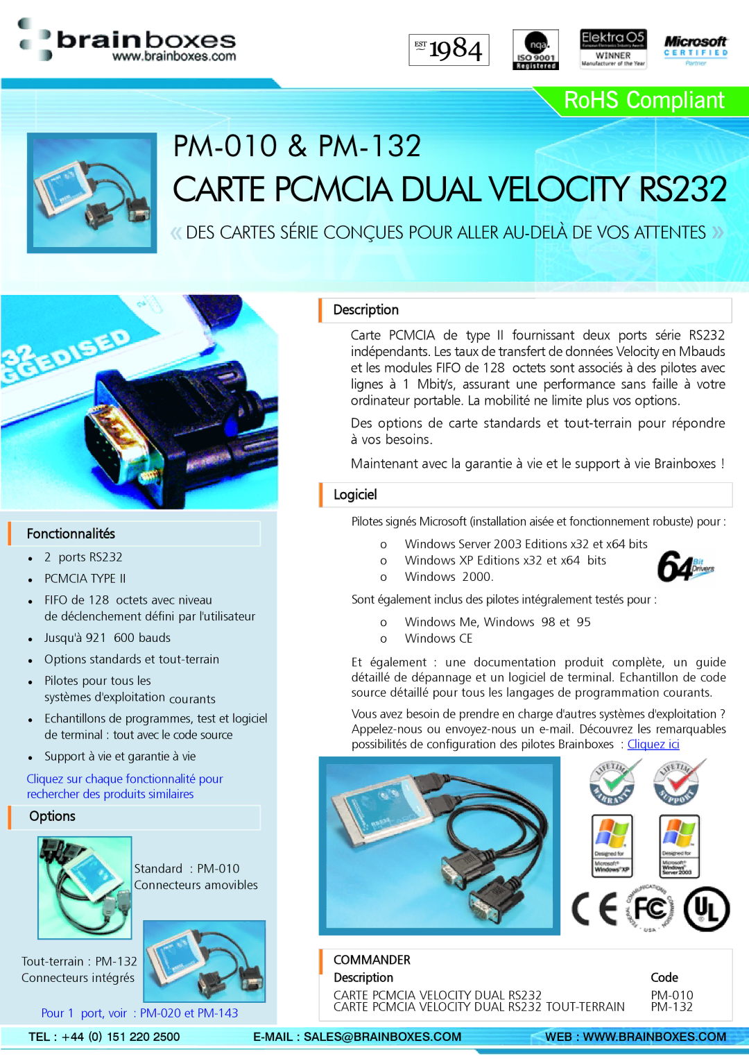 Brainboxes PM-010, PM-132 manual Description Fonctionnalités, Options, Pcmcia Type, Mail SALES@BRAINBOXES.COM 