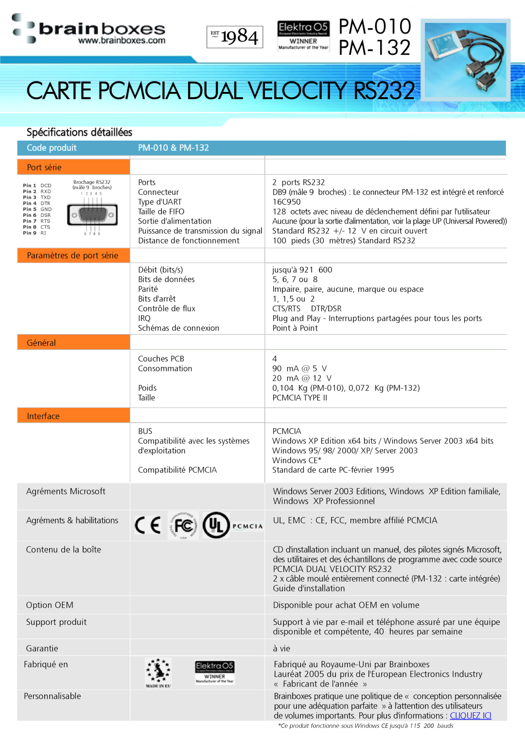 Brainboxes PM-132, PM-010 Spécifications détaillées, Cts/Rts Dtr/Dsr Irq, BUS Pcmcia, Ul, Emc, Pcmcia Dual Velocity RS232 