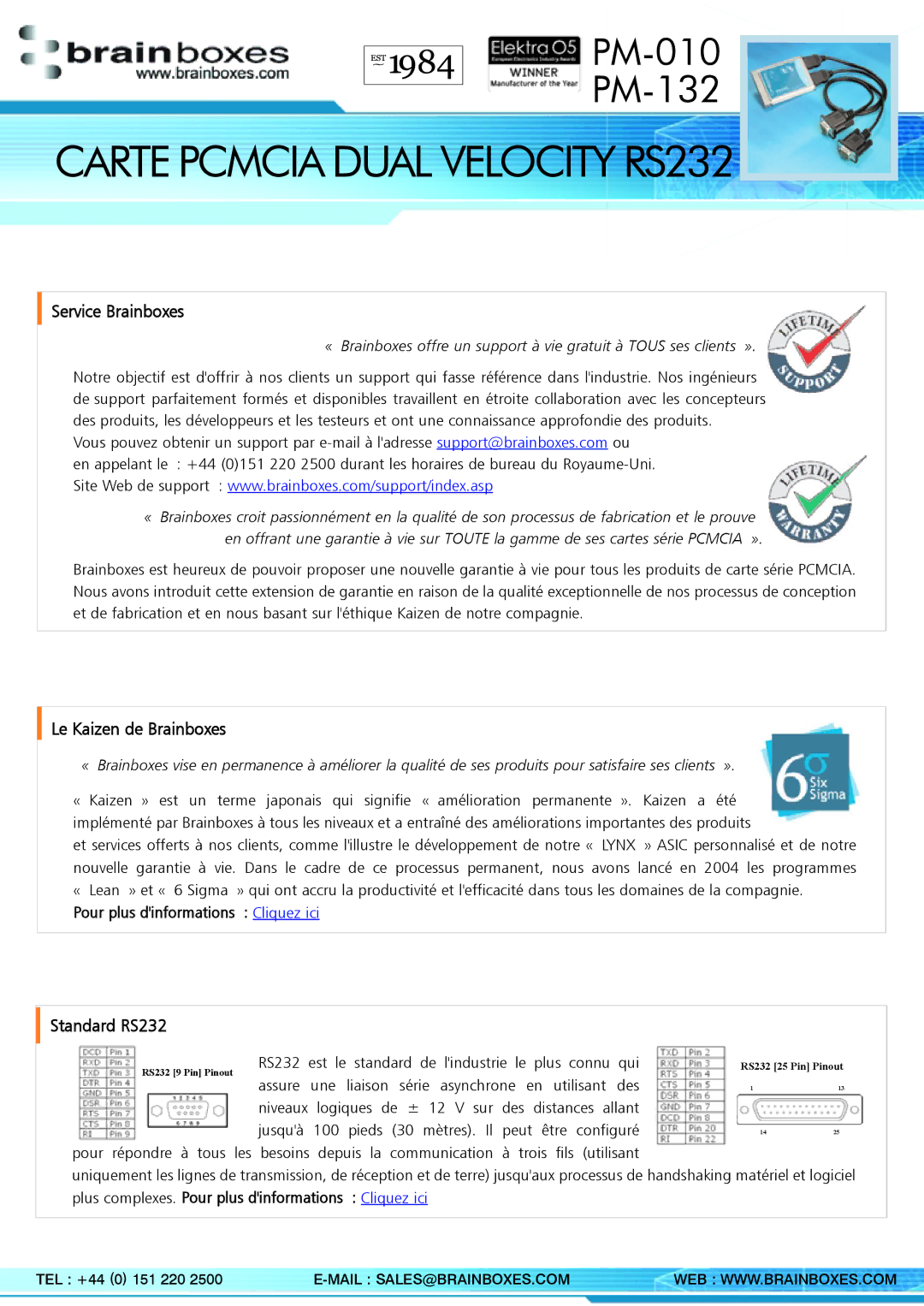 Brainboxes PM-132, PM-010 manual Service Brainboxes, Le Kaizen de Brainboxes, Standard RS232 