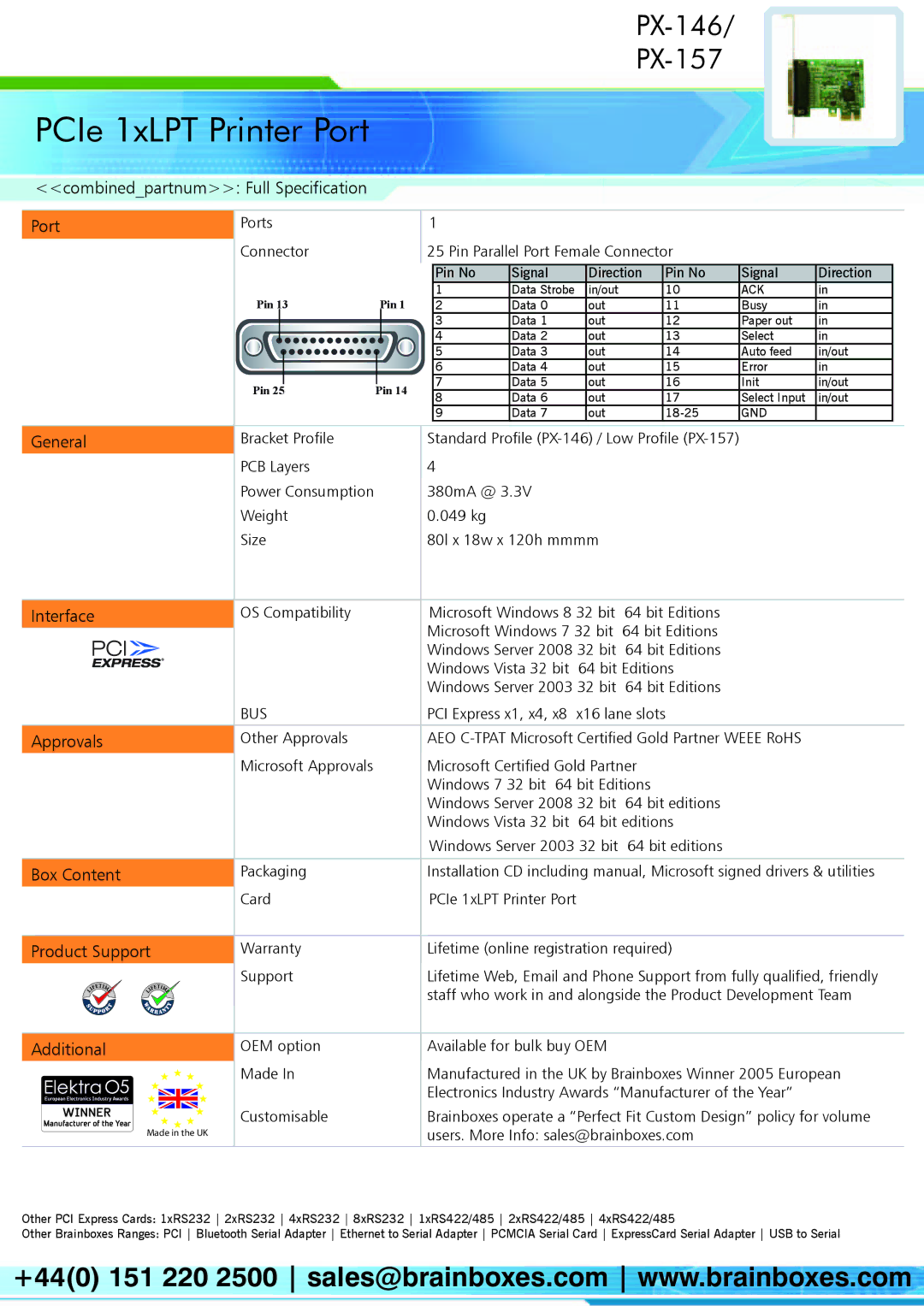 Brainboxes PX-146 Combinedpartnum Full Specification Port, General, Interface, Approvals, Box Content, Product Support 