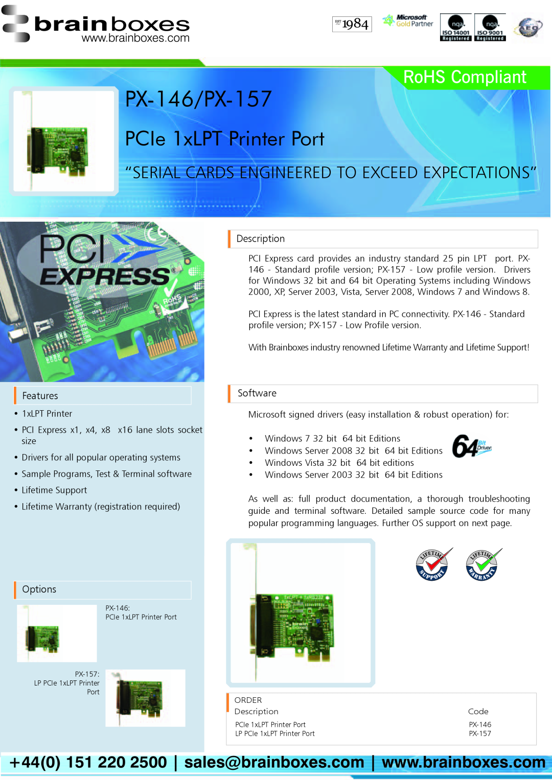 Brainboxes PX-146 manual PCIe 1xLPT Printer Port, “SERIAL CARDs Engineered to Exceed Expectations”, Description, Features 