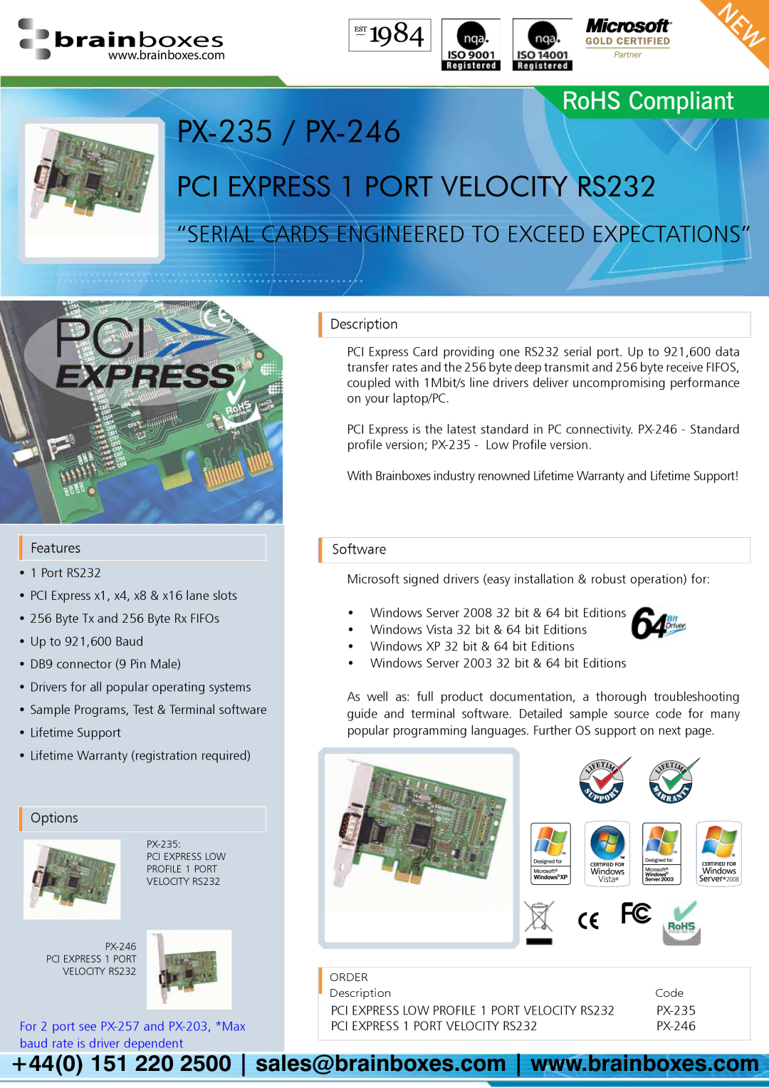 Brainboxes PX-246, PX-235 warranty Description, Features, Options, Software 