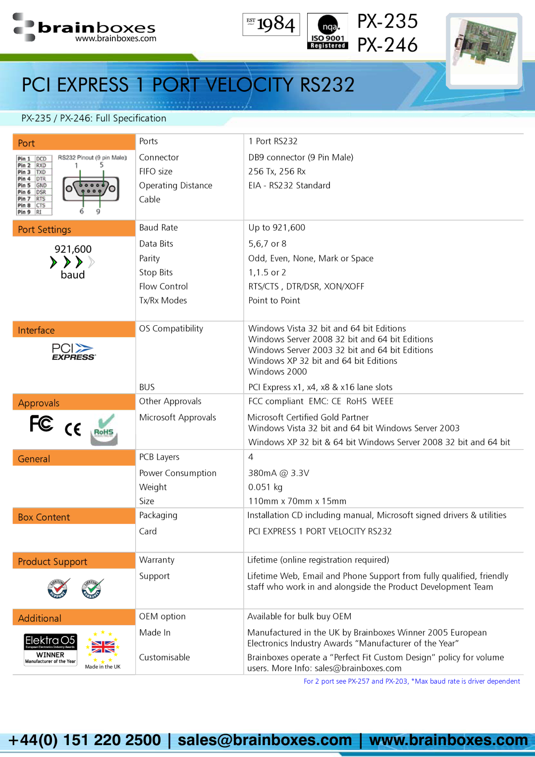 Brainboxes PX-235 / PX-246 Full Specification Port, Port Settings, 921,600, Interface, Approvals, General, Box Content 