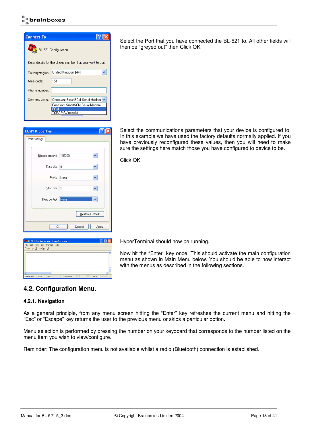 Brainboxes RS232 manual Configuration Menu, Navigation 