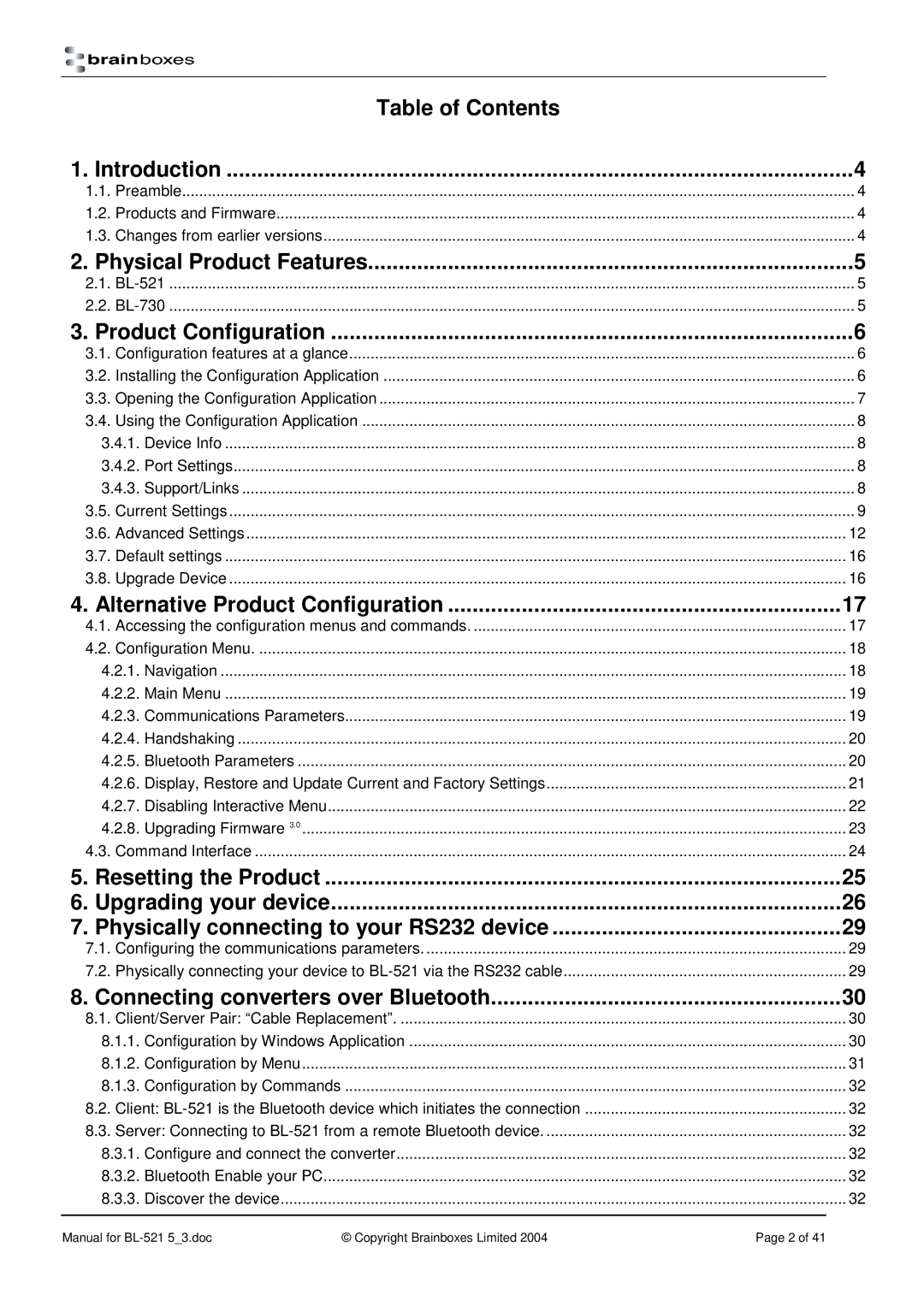 Brainboxes RS232 manual Table of Contents 