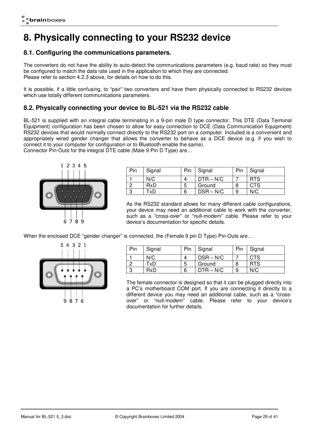 Brainboxes manual Physically connecting to your RS232 device, Configuring the communications parameters 