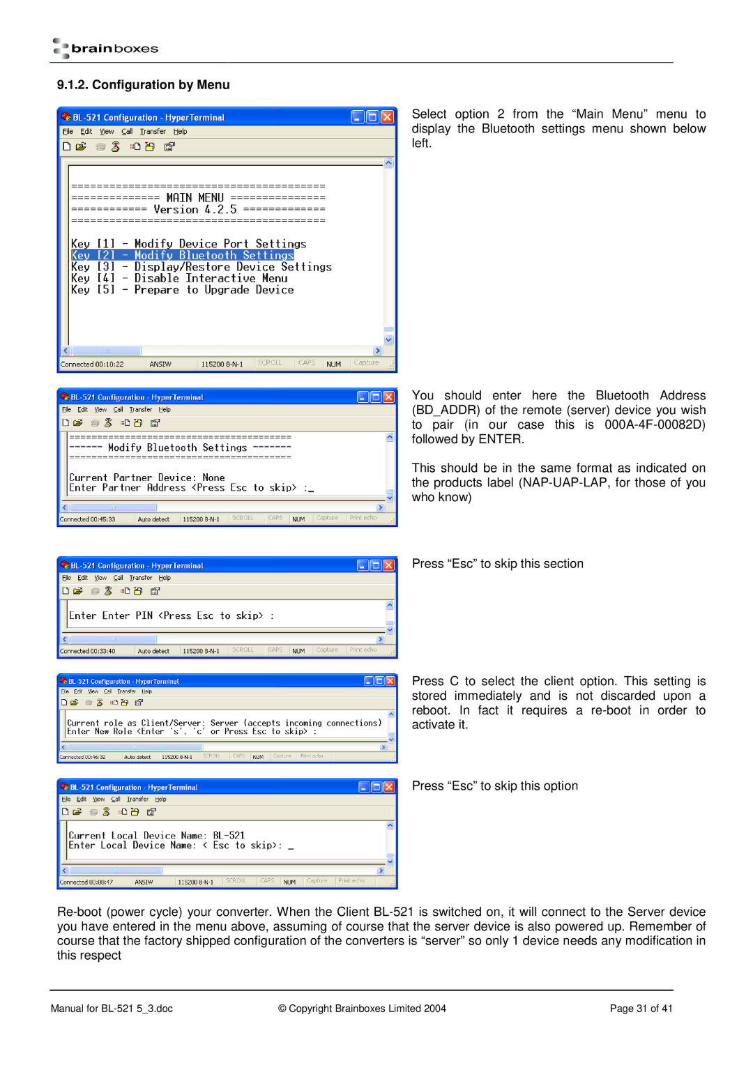 Brainboxes RS232 manual Configuration by Menu 