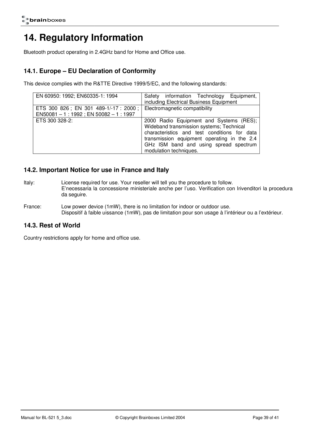 Brainboxes RS232 Regulatory Information, Europe EU Declaration of Conformity, Important Notice for use in France and Italy 