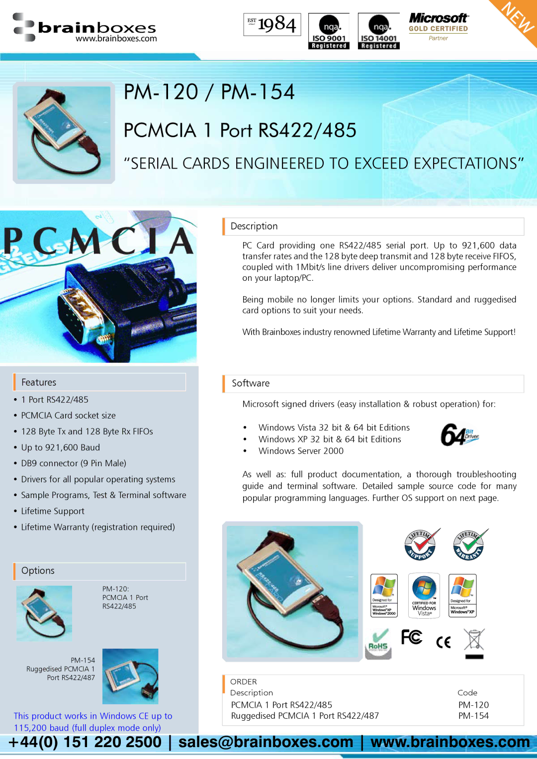 Brainboxes warranty Pcmcia 1 Port RS422/485, Description, Features, Options, Software 