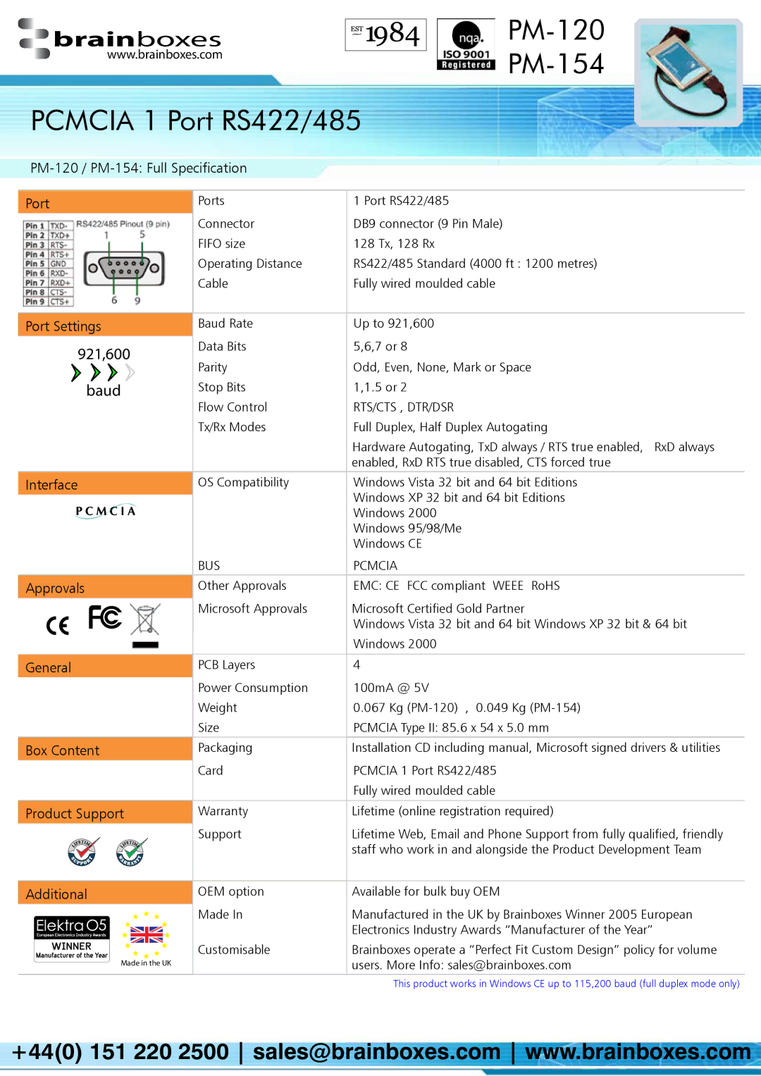 Brainboxes warranty Pcmcia 1 Port RS422/485 PM-120 PM-154 