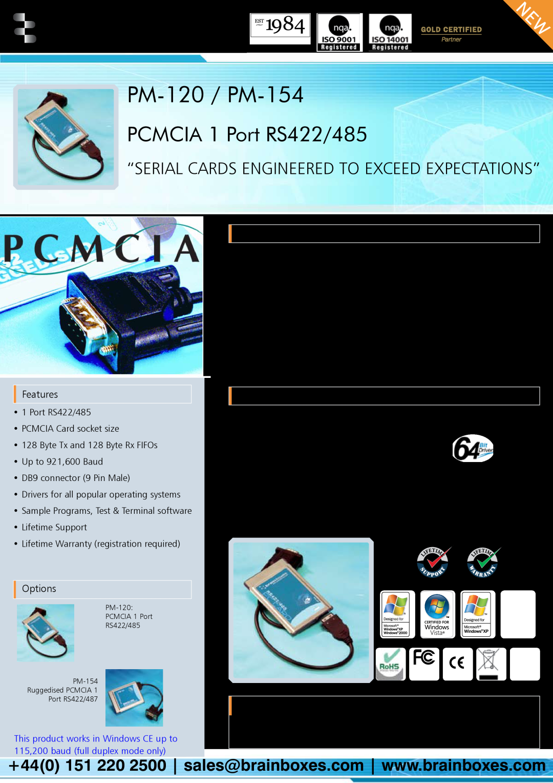Brainboxes warranty PCMCIA 1 Port RS422/485, brainboxes, PM-120 / PM-154 