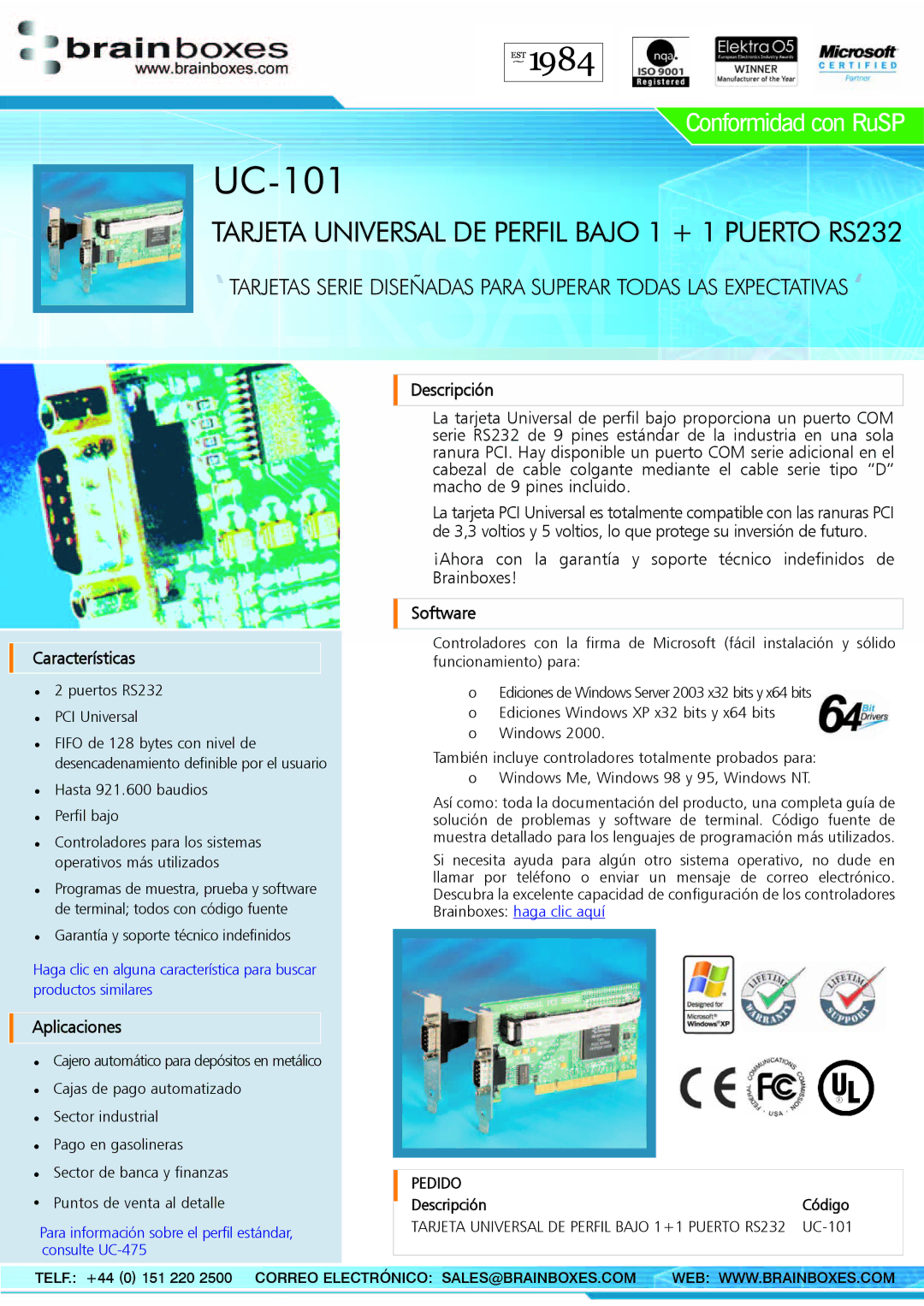 Brainboxes UC-101 manual Descripción Características, Aplicaciones 