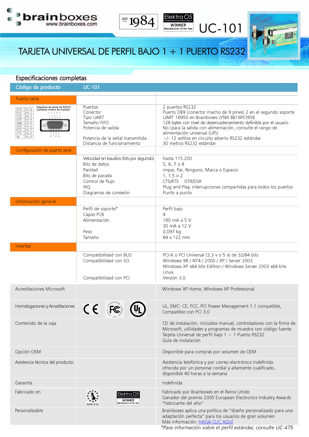 Brainboxes UC-101 manual Tarjeta Universal DE Perfil Bajo 1 + 1 Puerto RS232, Especificaciones completas 