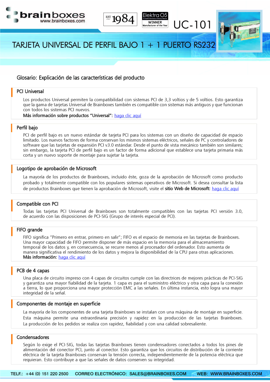 Brainboxes UC-101 manual Glosario Explicación de las características del producto 