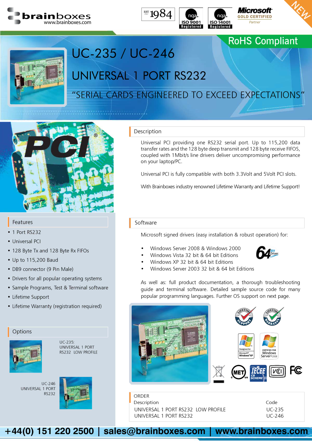 Brainboxes UC-235, UC-246 warranty Description, Features, Options, Software 