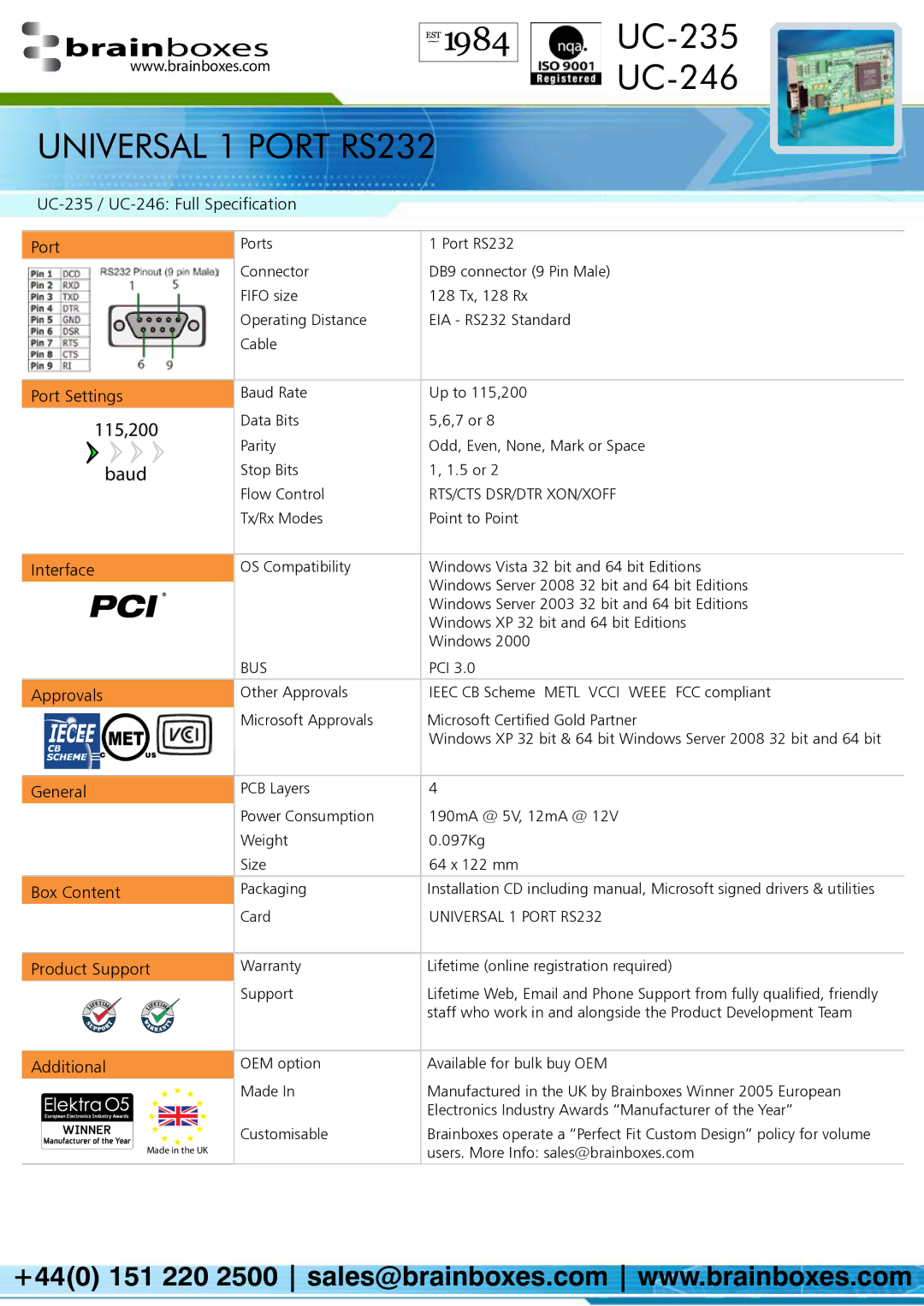 Brainboxes UC-235 / UC-246 Full Specification Port, Port Settings, 115,200, Interface, Approvals, General, Box Content 