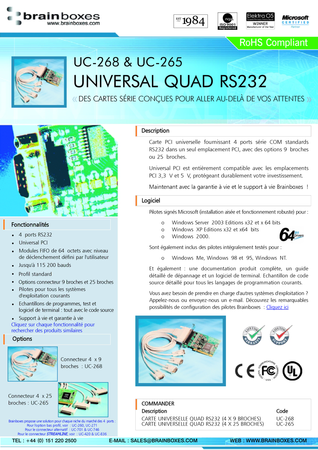 Brainboxes UC-268 manual Description Fonctionnalités, Options, UC-265, TEL +44 0 151 220 