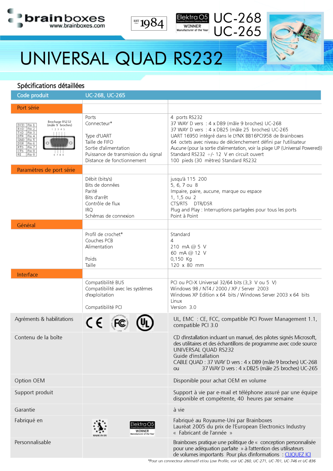 Brainboxes UC-268 Port série, Paramètres de port série, Général, Interface, Agréments & habilitations, Guide dinstallation 