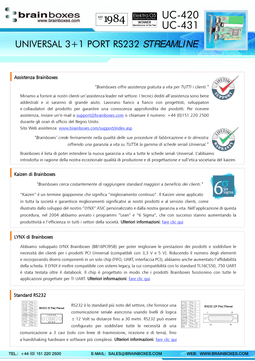 Brainboxes UC-431, UC-420 manual Assistenza Brainboxes, Kaizen di Brainboxes, Lynx di Brainboxes, Standard RS232 