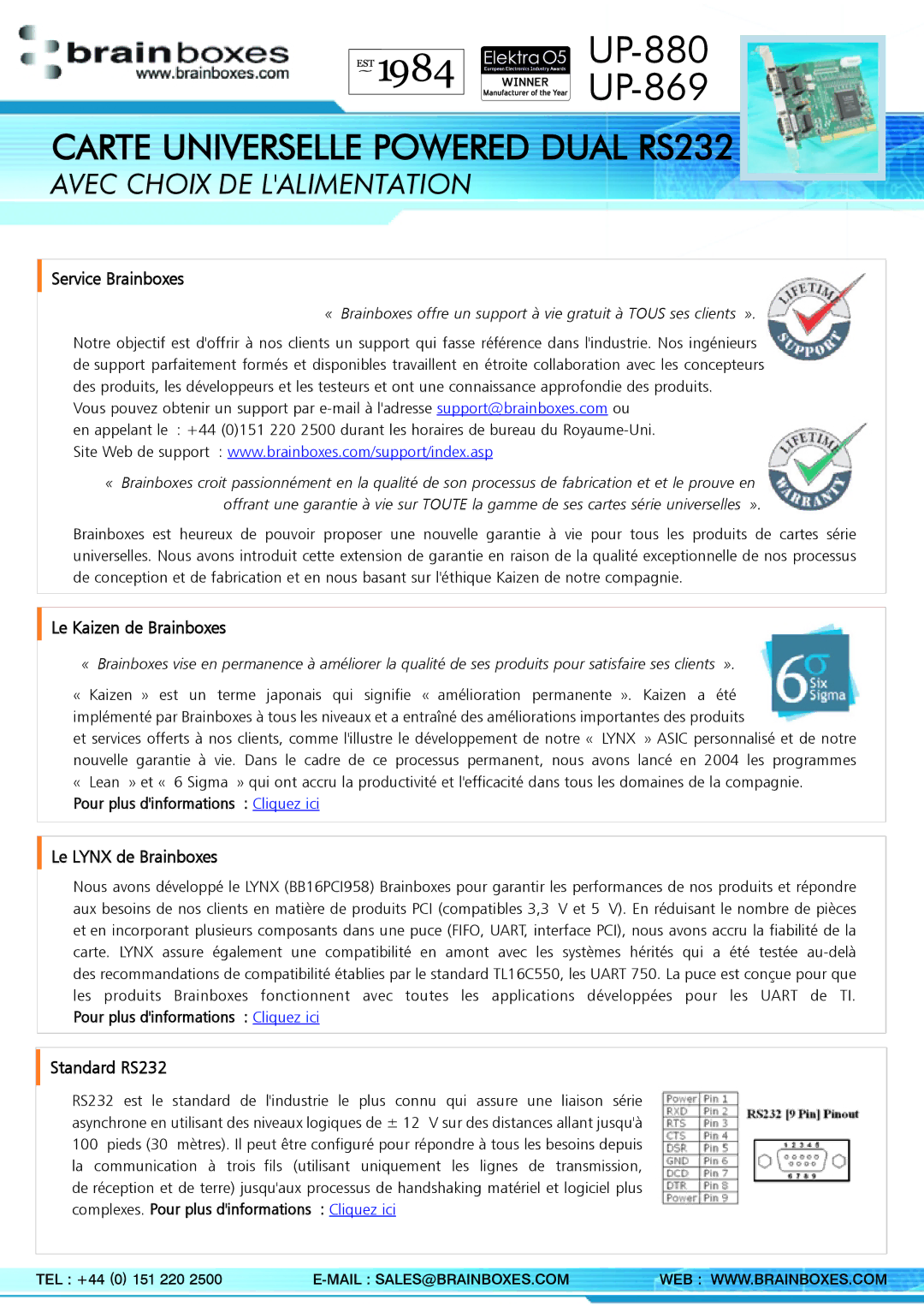 Brainboxes UP-880, UP-869 manual Service Brainboxes, Le Kaizen de Brainboxes, Le Lynx de Brainboxes, Standard RS232 