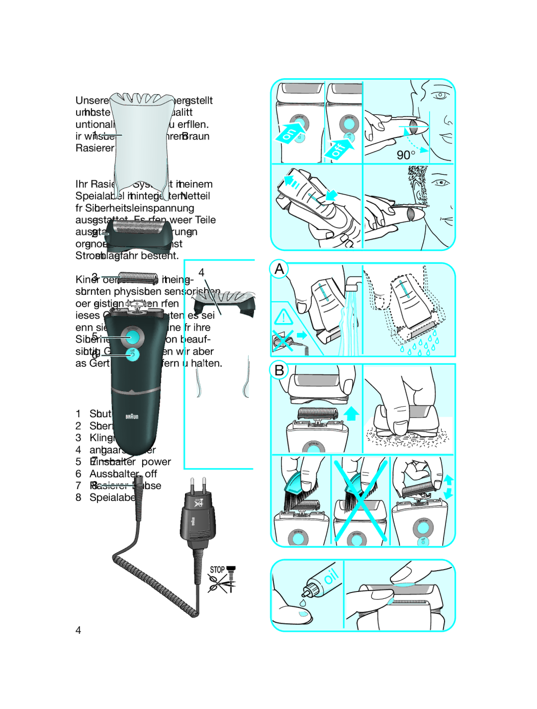 Braun 130 manual Deutsch, Beschreibung, Rasieren, Reinigung, Achtung 