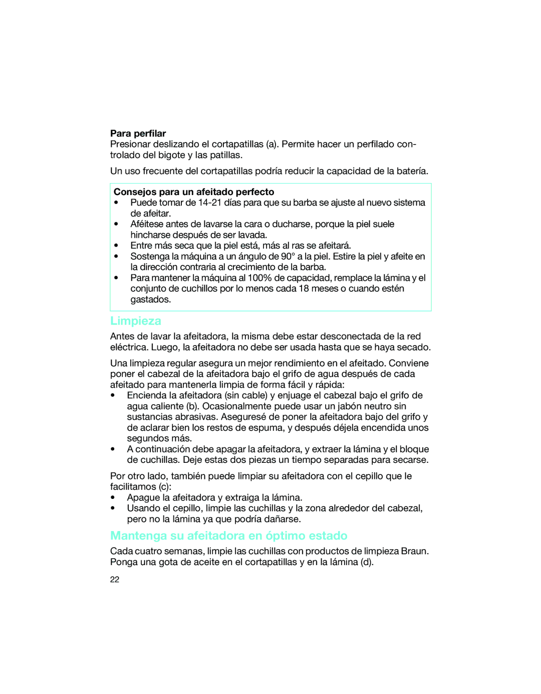 Braun 1775 manual Limpieza, Mantenga su afeitadora en óptimo estado, Para perfilar, Consejos para un afeitado perfecto 