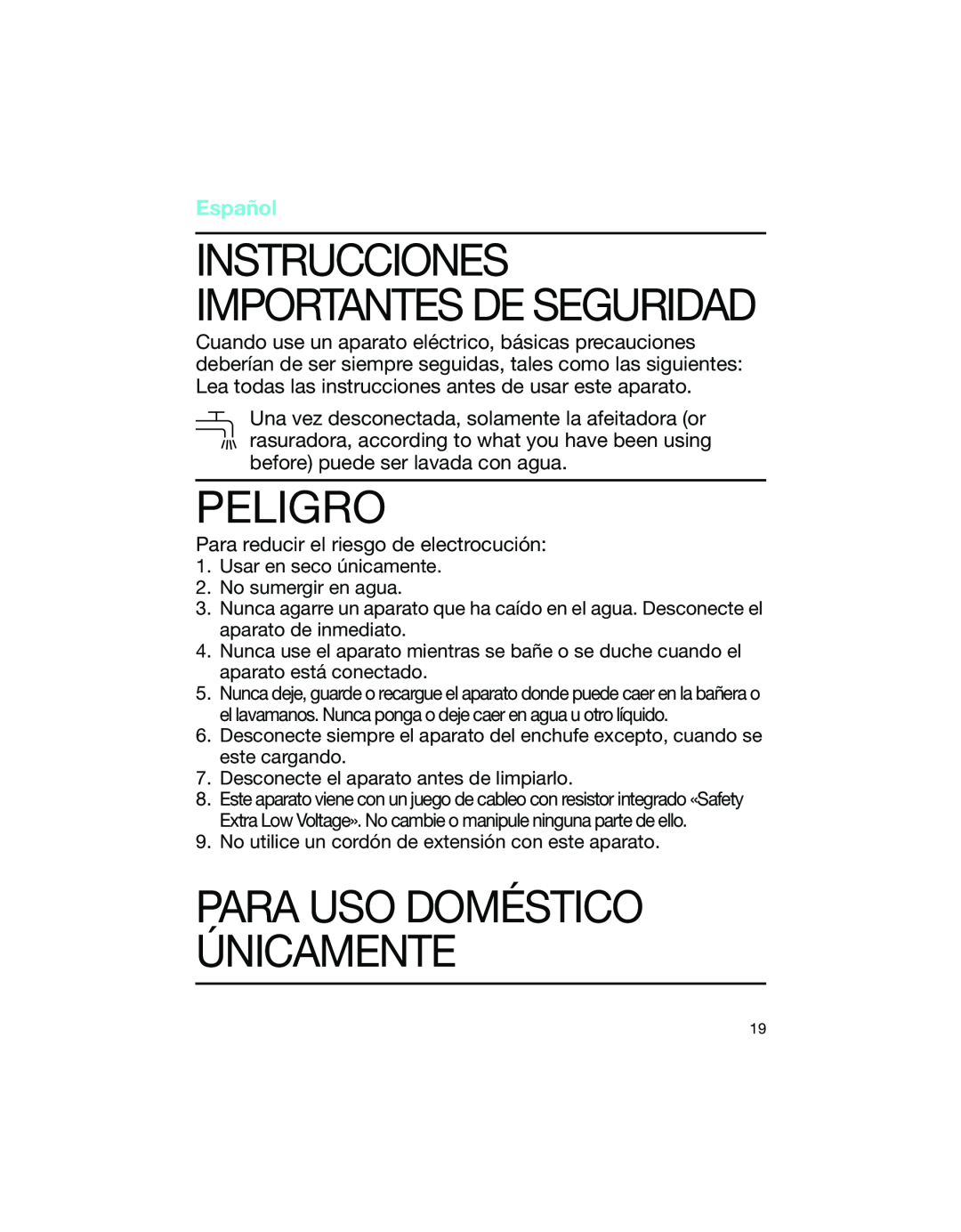 Braun 1775 manual Peligro, Para Uso Doméstico Únicamente, Español, Instrucciones Importantes De Seguridad 