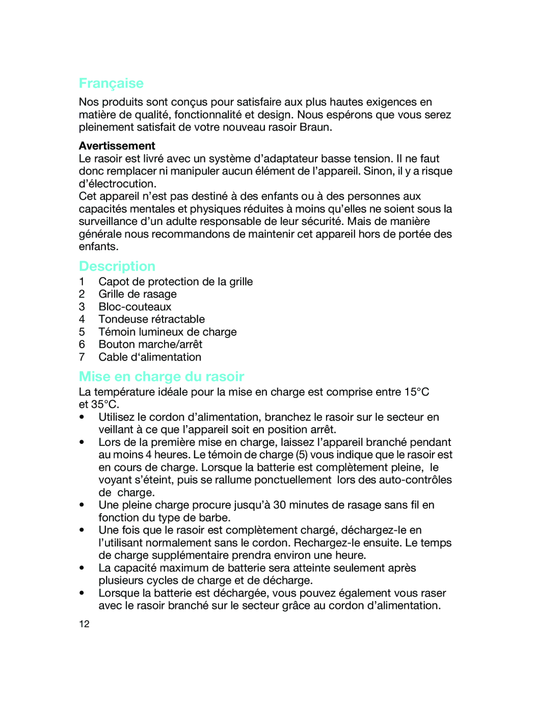 Braun 190 S manual Française, Mise en charge du rasoir, Avertissement 