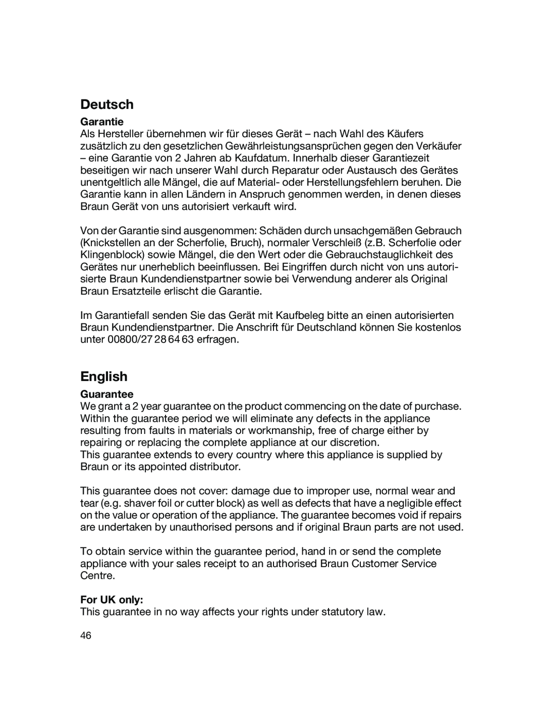 Braun 190 S manual Deutsch, English, Garantie, Guarantee, For UK only 