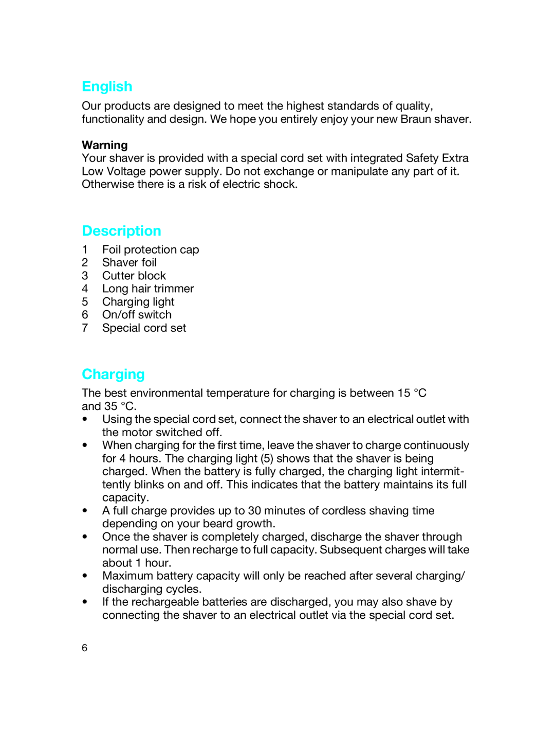 Braun 190 manual English, Description, Charging 