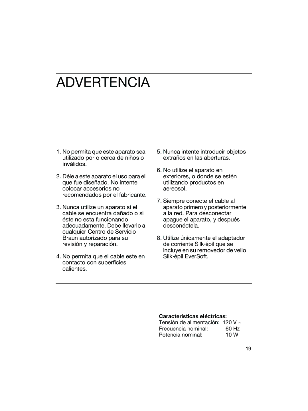 Braun 2150, 2170 manual Advertencia, Caracteristicas eléctricas 