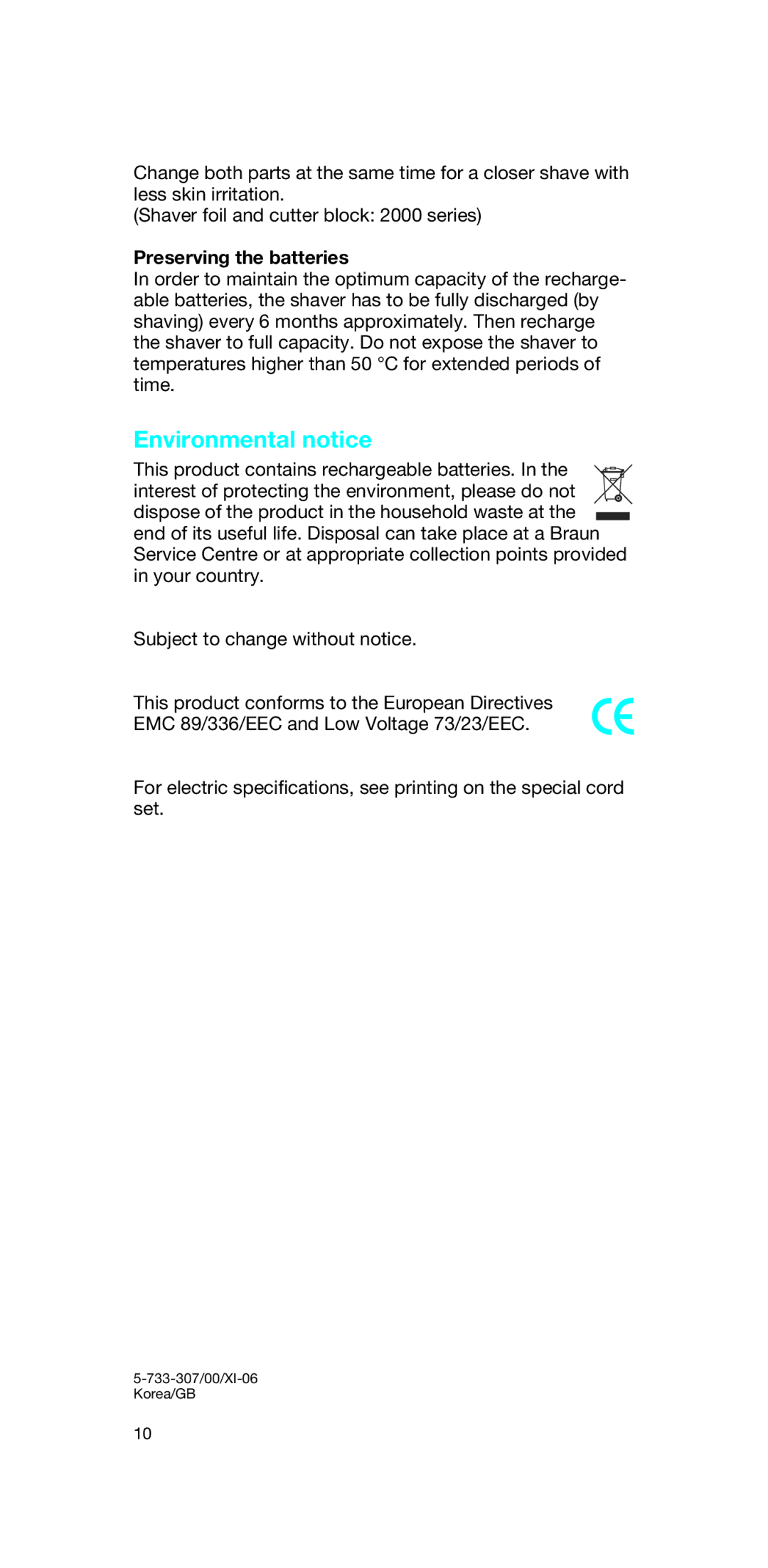 Braun 2776 manual Environmental notice, Preserving the batteries 