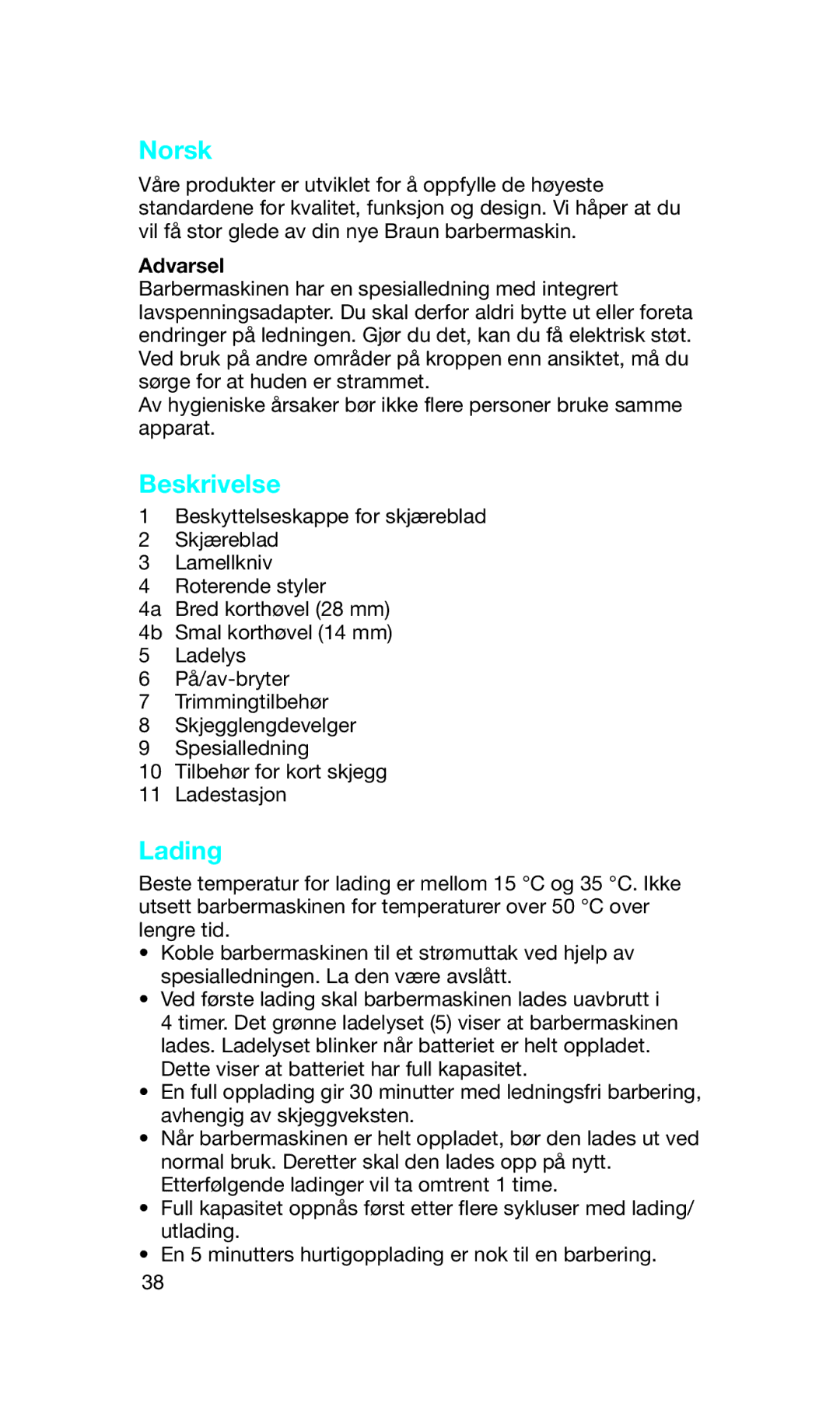 Braun 2838 manual Norsk, Lading 