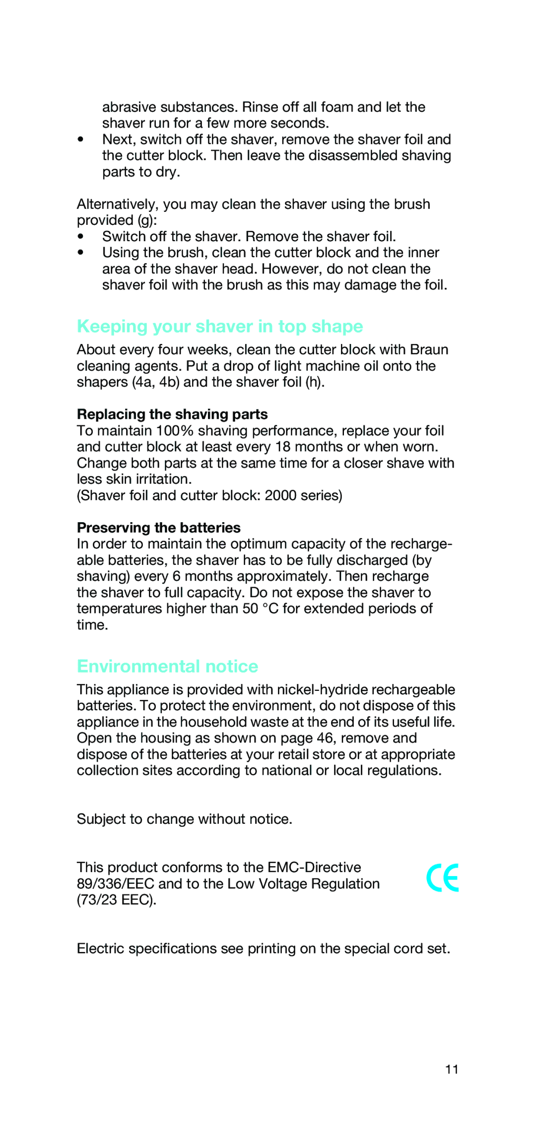 Braun 2865 Keeping your shaver in top shape, Environmental notice, Replacing the shaving parts, Preserving the batteries 