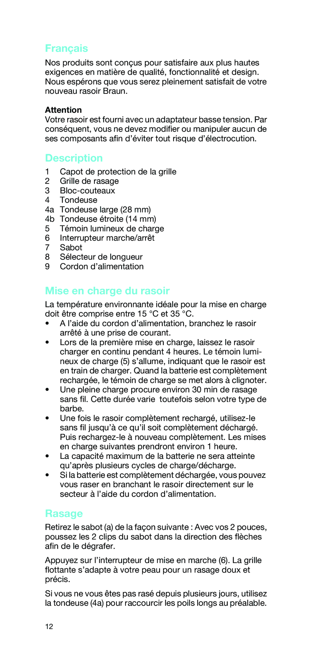 Braun 2865 manual Français, Mise en charge du rasoir, Rasage 